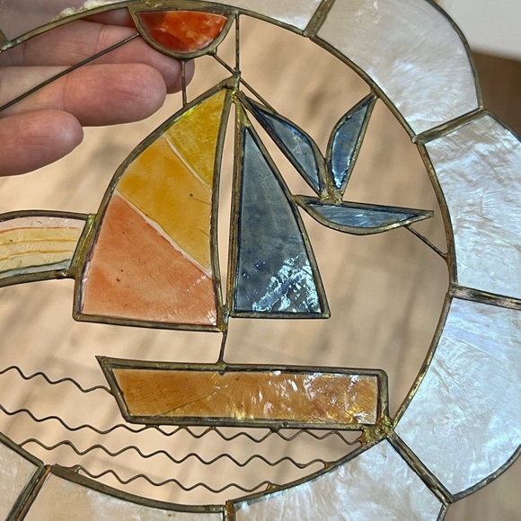 Sailing Boat & Seagull Capiz Shell Round Sun Catcher Window Hanger Beach House - Picture 3 of 7